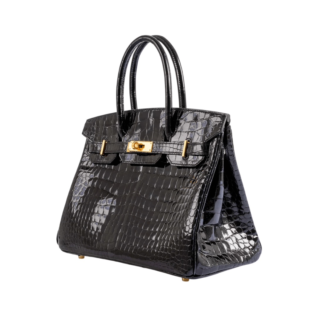 Hermes Birkin 30 Black Shiny Porosus Crocodile Gold HW Handbag (Hover)