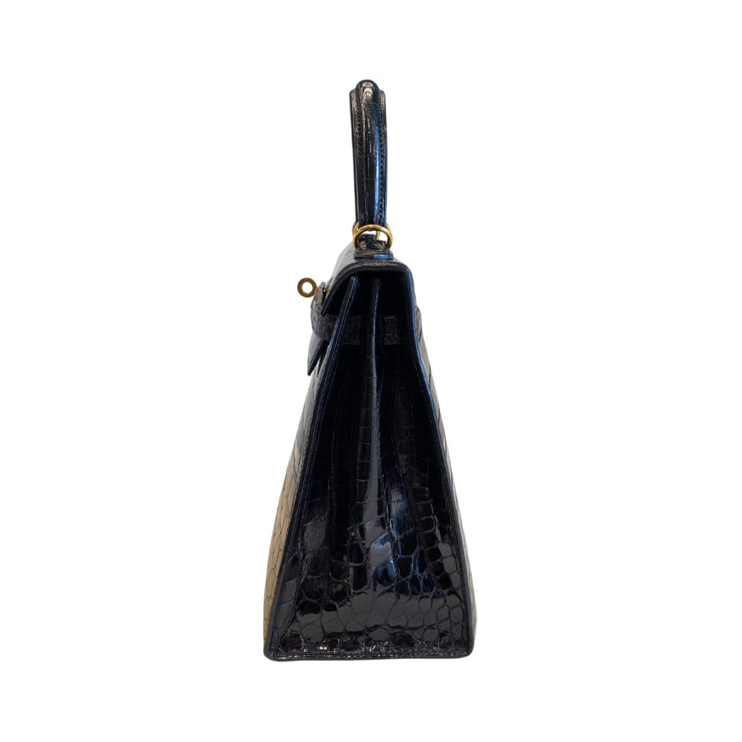 Hermes Kelly 25 Black Shiny Crocodile Gold HW Handbag (Hover)