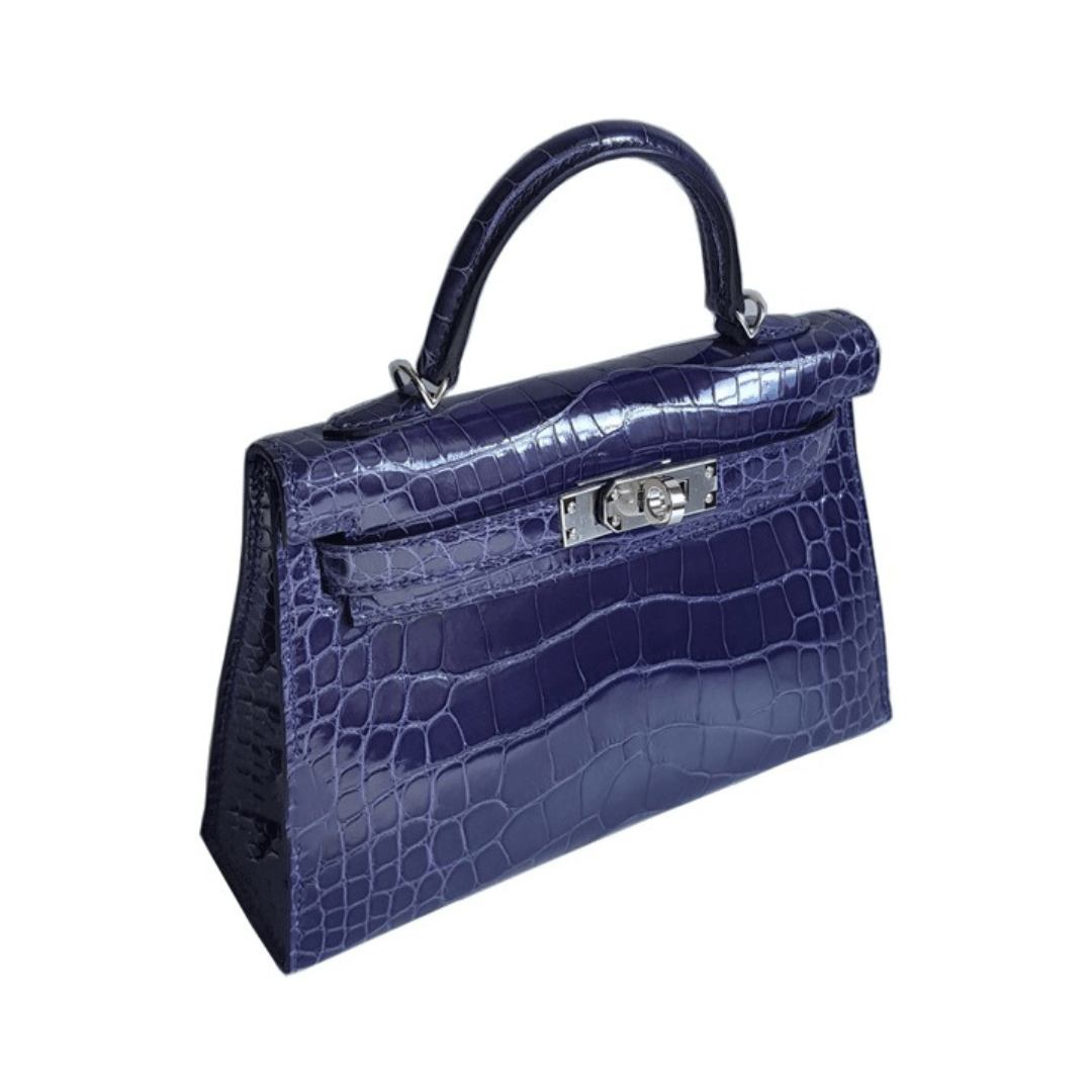 Hermes Kelly 28 Blue Encre Shiny Croco Palladium HW Handbag (Hover)