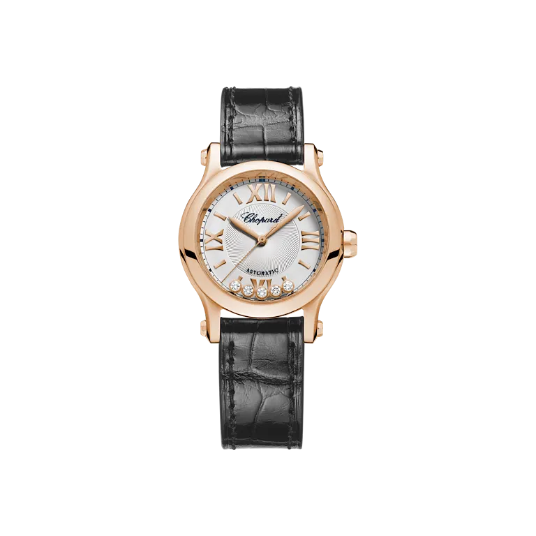 Chopard Happy Sport Round Watch 30Mm Rose Gold Case Silver Dial Black Strap Ref. 274893-5011