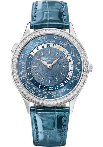 Patek Philippe Complications 7130G-014 World Time 18K White Gold Grey-Blue Dial Diamond-Set Bezel Ladies Watch