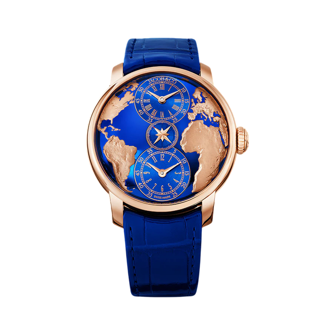 Jacob & Co. The World Is Yours DT100.40.AA.AE.A Dual Time Zone Rose Gold 43mm Stamped Continents Dial Men's Watch